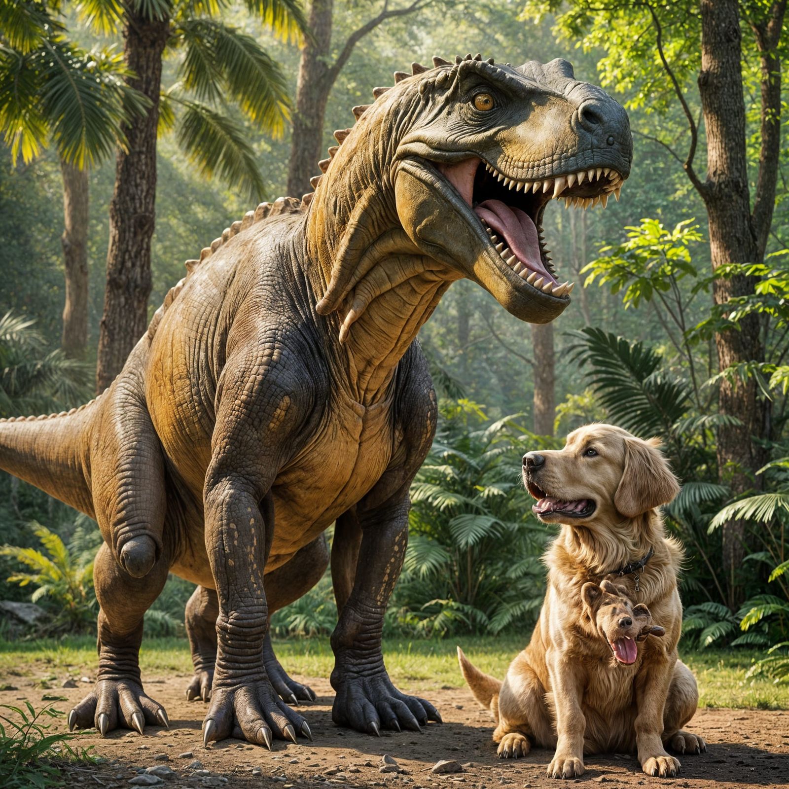 Dinosaur and Golden Retriever Friendship
