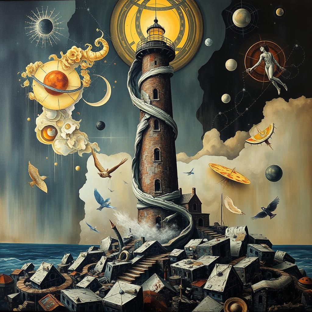 Dystopian Art Deco Lighthouse in Heavy Metal Style