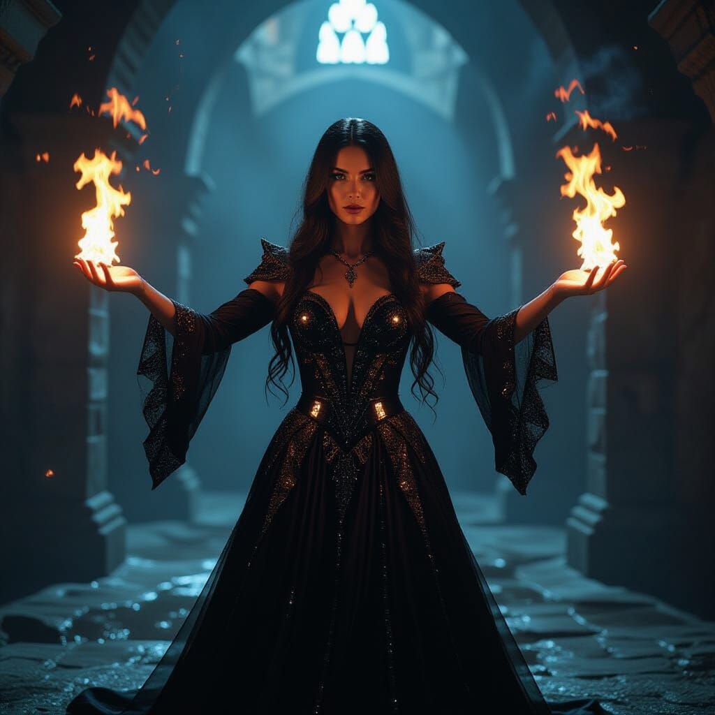 Mage in Mirror Dress Casting Fire in Dungeon
