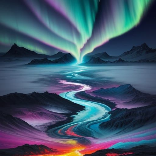 Melting Ice Volcano Spewing Colored Smoke in Surreal Oil Pai...