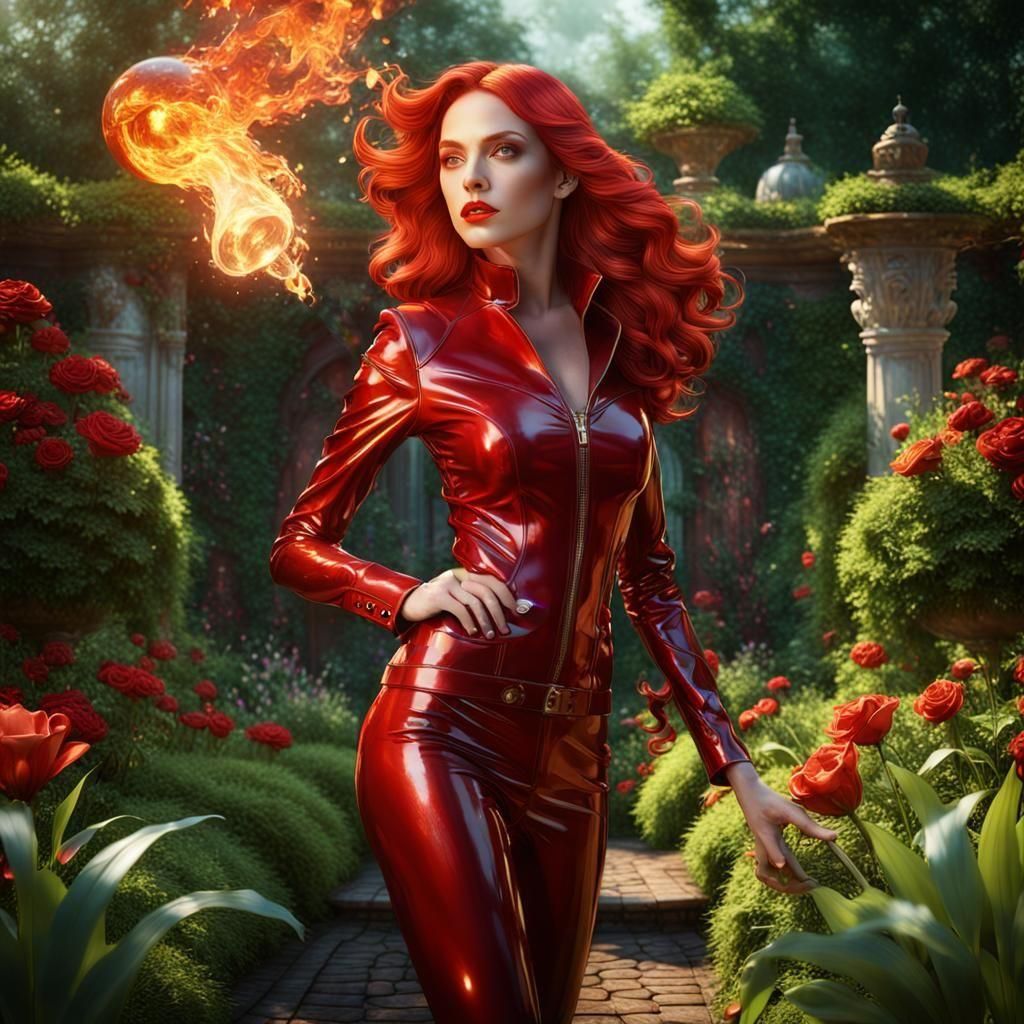 Auburn Haired Woman in Red Latex in Garden