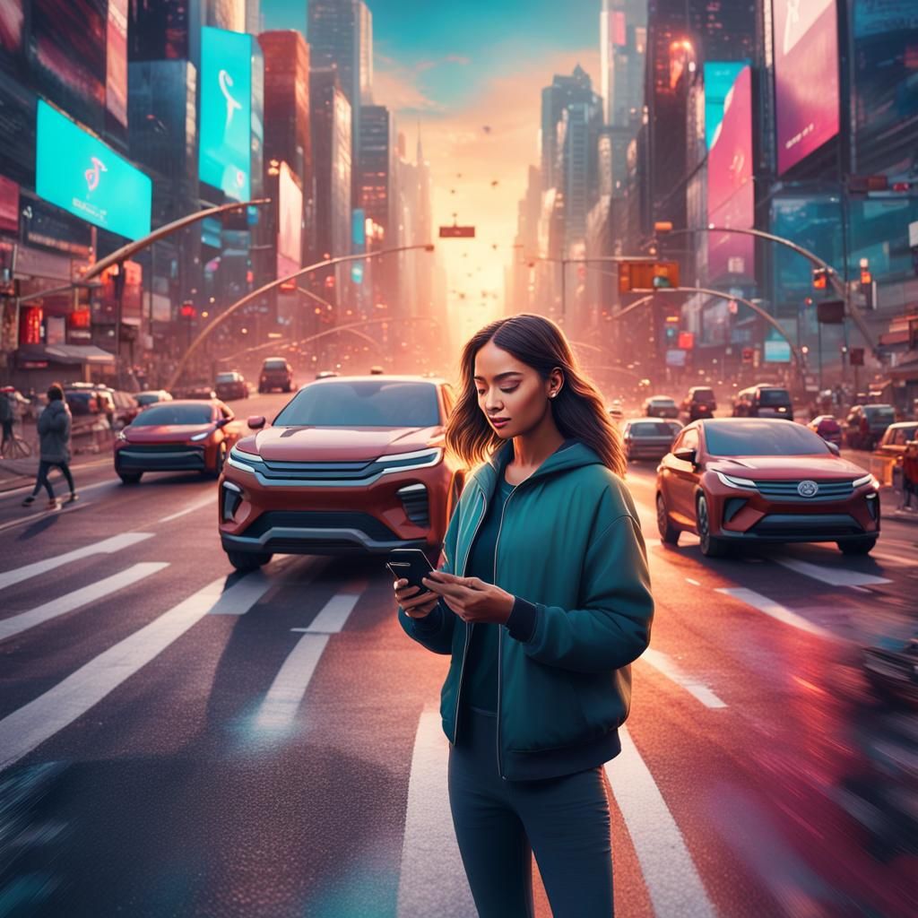 Woman Recording TikTok Video in Road, Fantasy Art