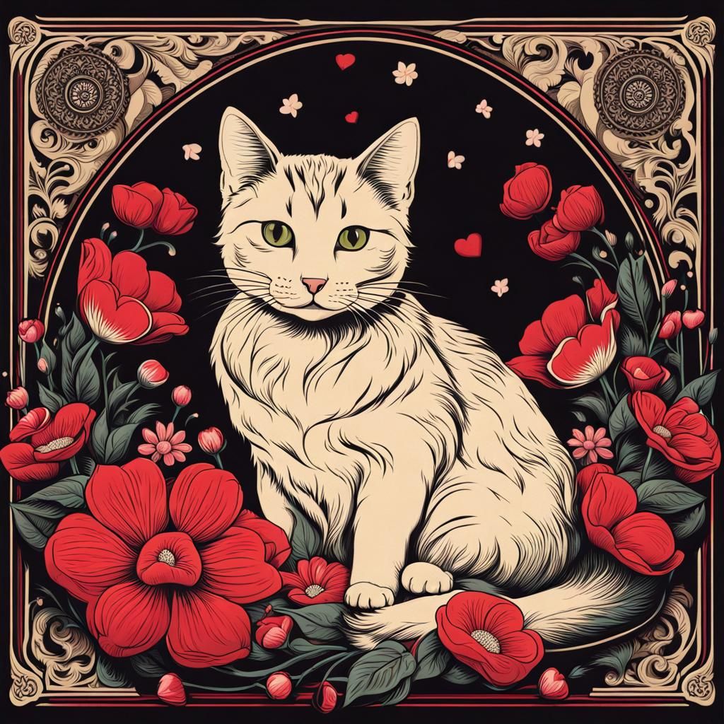 Cute Cat with Flowers in Graphic Style