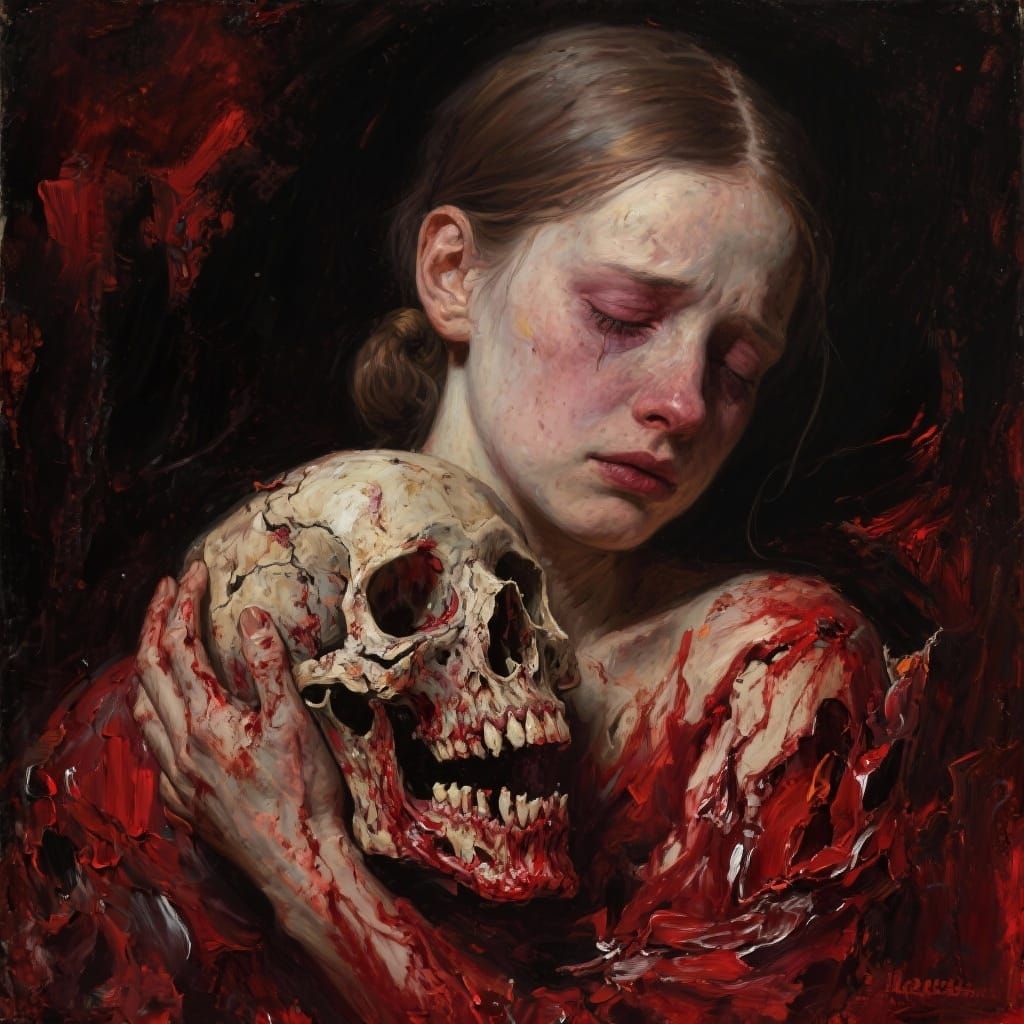 Macabre Oil Painting of Decomposing Woman in Chiaroscuro