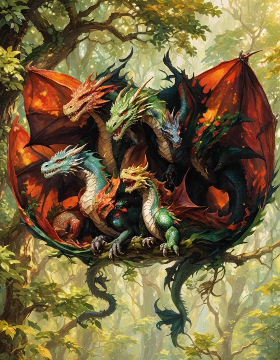 Majestic Dragons in Lush Forest: Fantasy Illustration