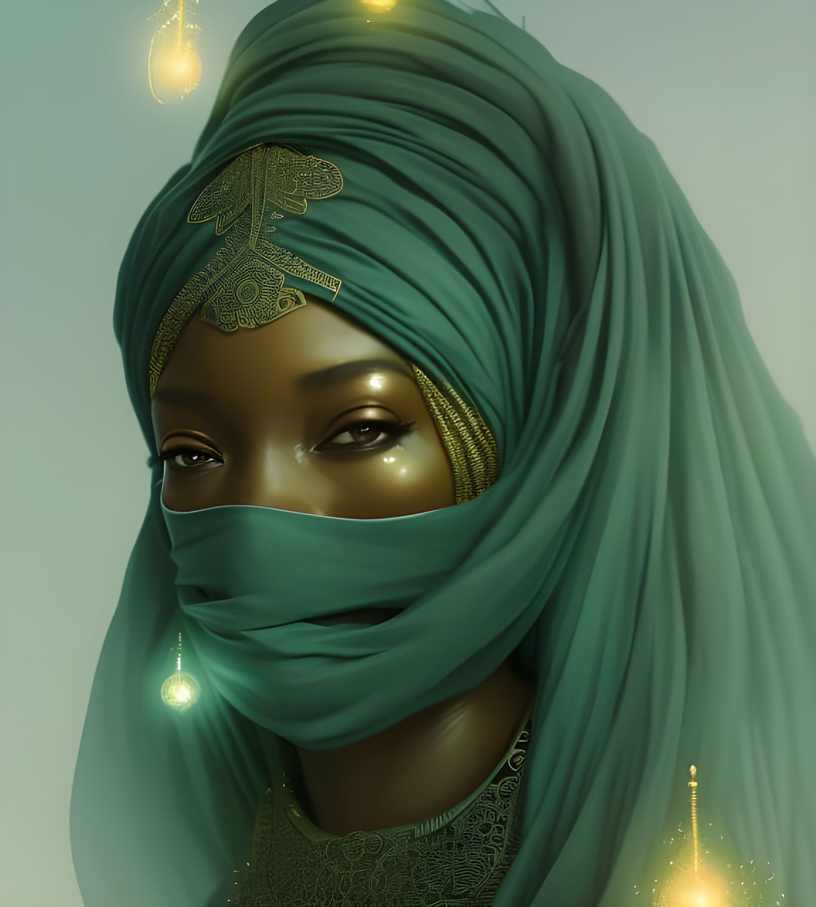 Elegant African Woman in Gold Burka: Digital Illustration