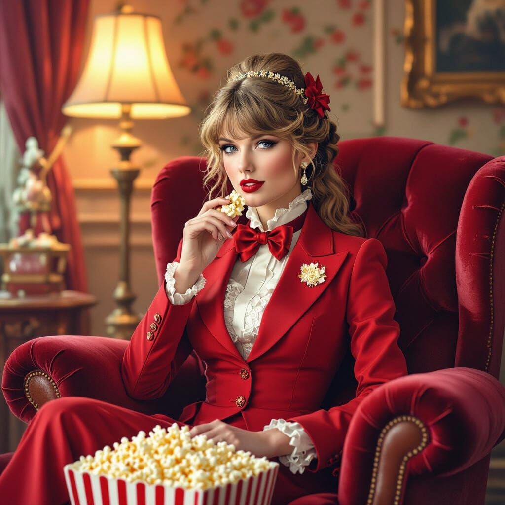 Victorian Lady Taylor Swift Enjoys Popcorn in Opulent Style