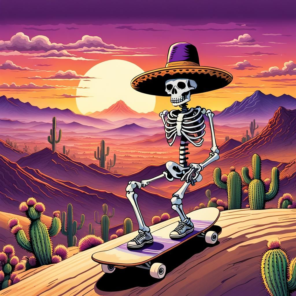 Ukiyo-e Skeleton Skateboarder in Desert Sunset