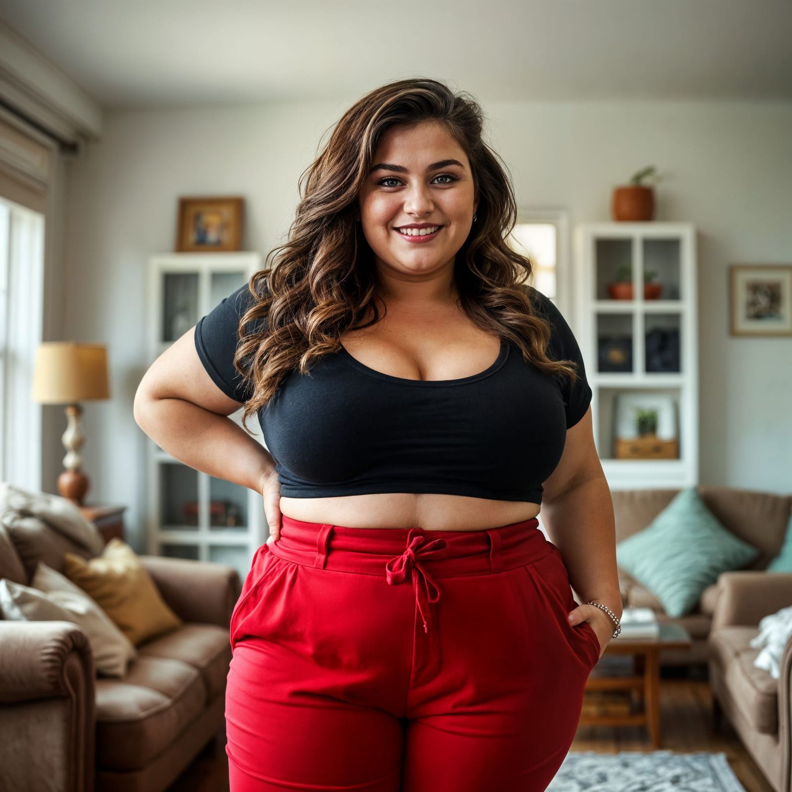 Plus-Size Woman Posing in Living Room