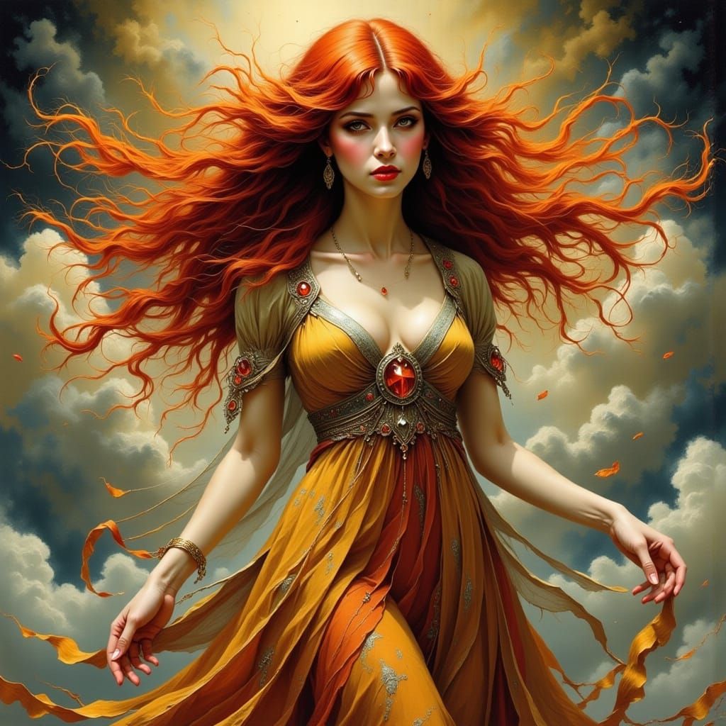 Windblown Beauty in Art Nouveau Style