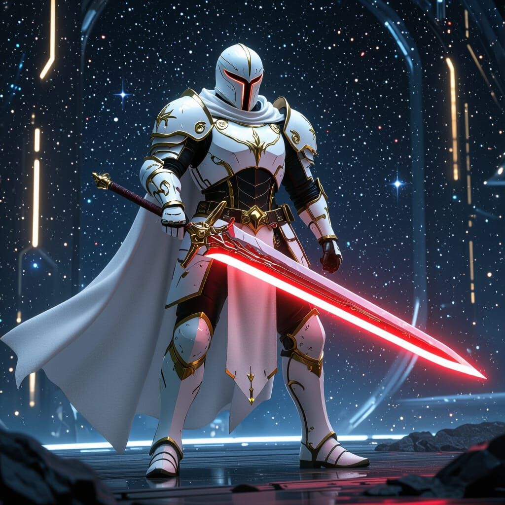 Cosmic Knight with Blood Red Sword in Futuristic Armor