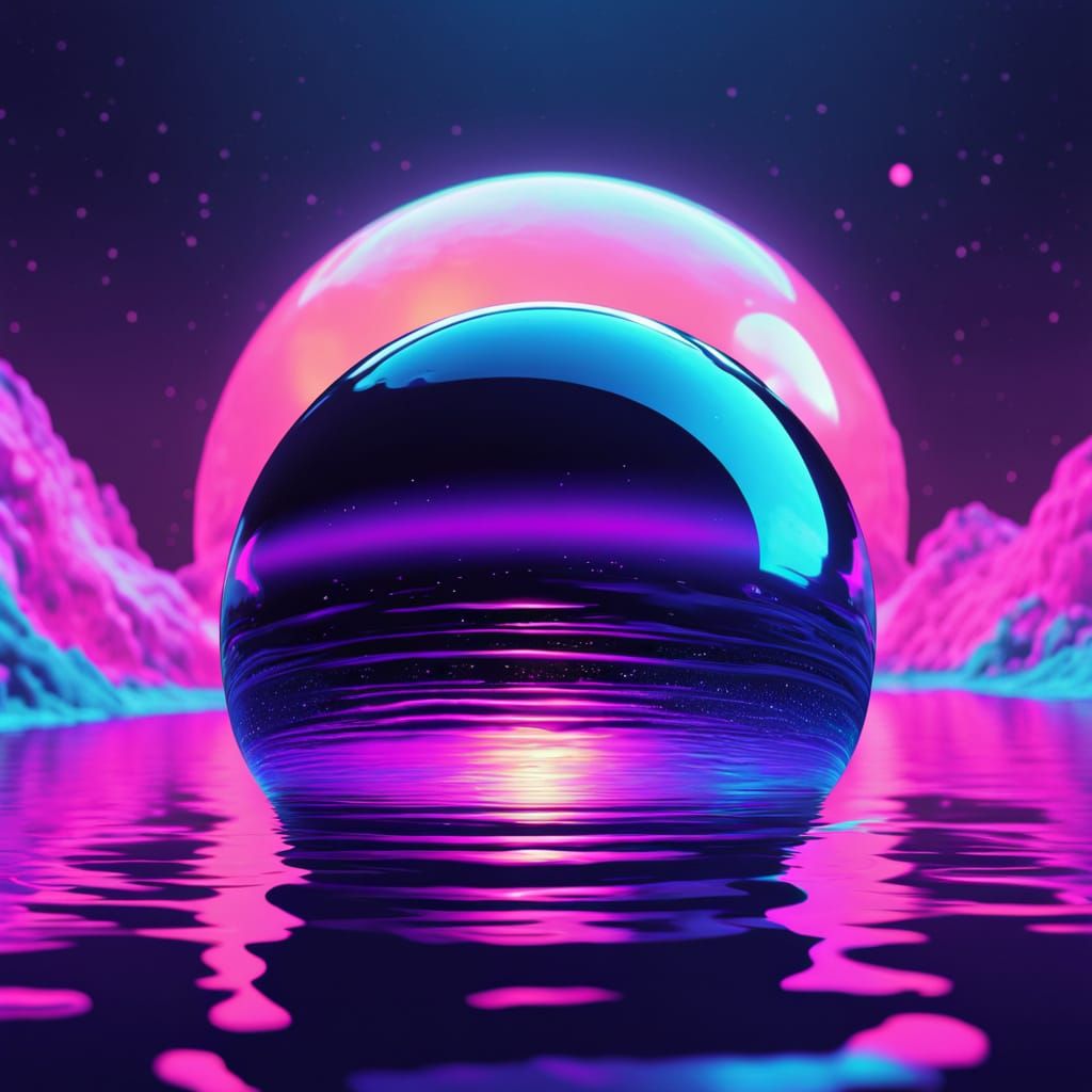 Vaporwave Sphere with Chrome Effect and Rainbow Ripples