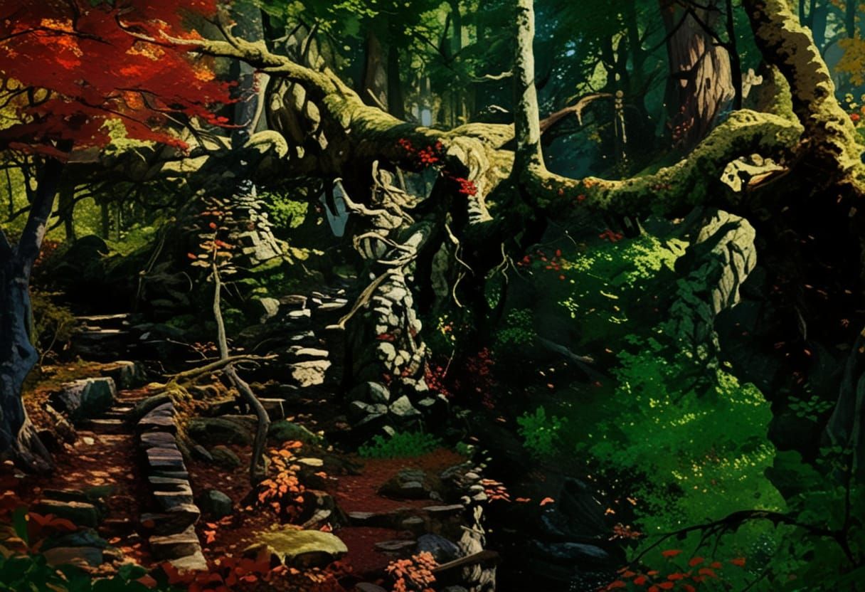 Mystical Forest Scene with Golden Light