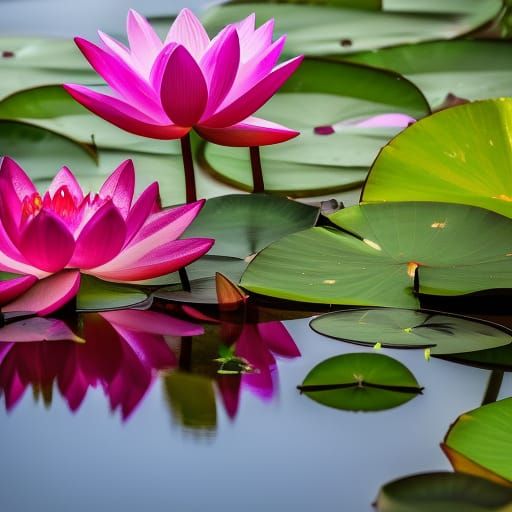 Pink Lotus Flowers on Tranquil Pond