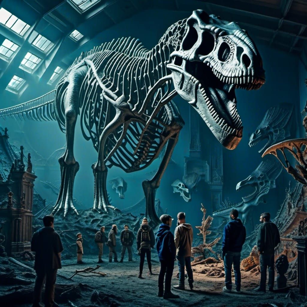 People and Dinosaur Skeleton in Fantasy Art