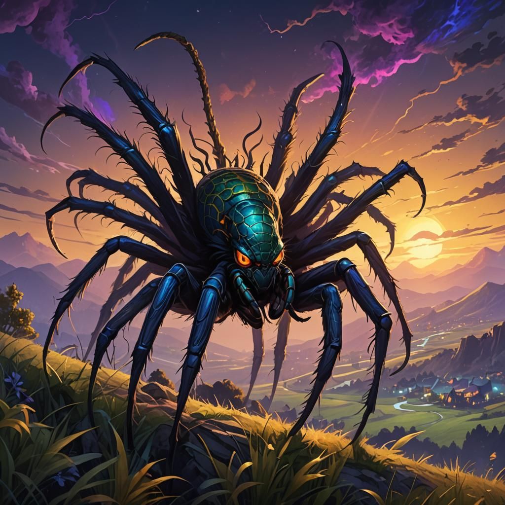 Giant Spider Rides Broomstick in Dark Fantasy Art