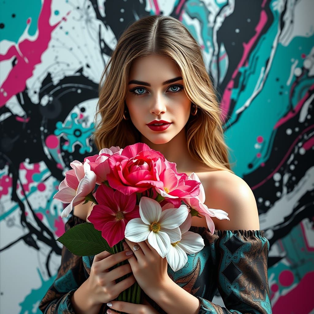 Abstract 3 d, woman holding flowers, airbrushed,