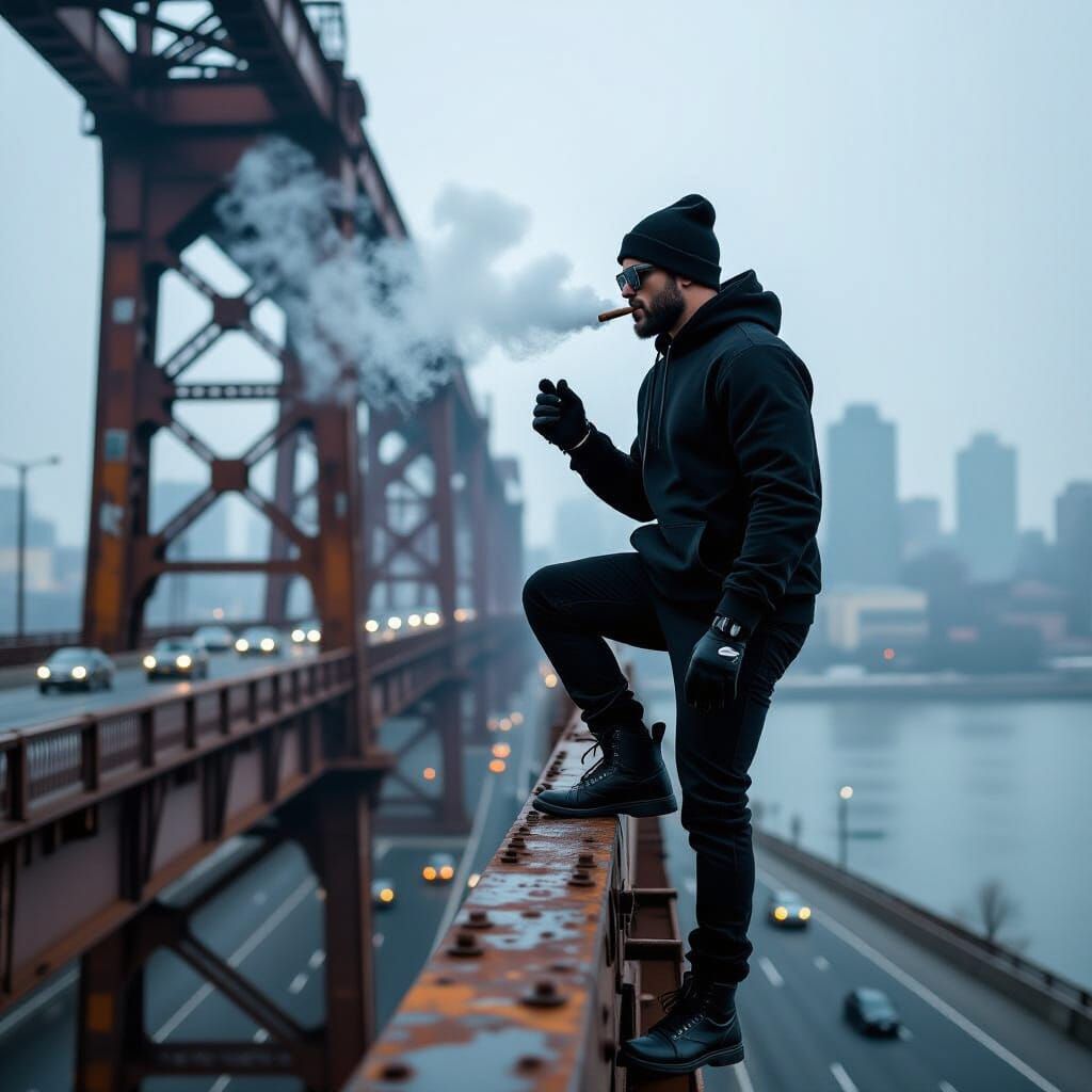Man Climbs Rusted Bridge Tower in Moody Urban Scene