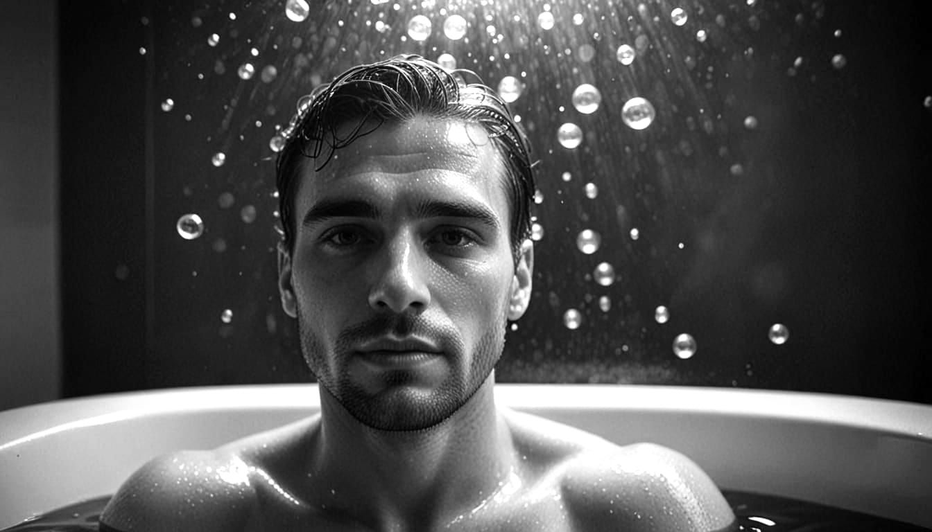 Sensual Black and White Portrait of a Handsome Man in a Bath...