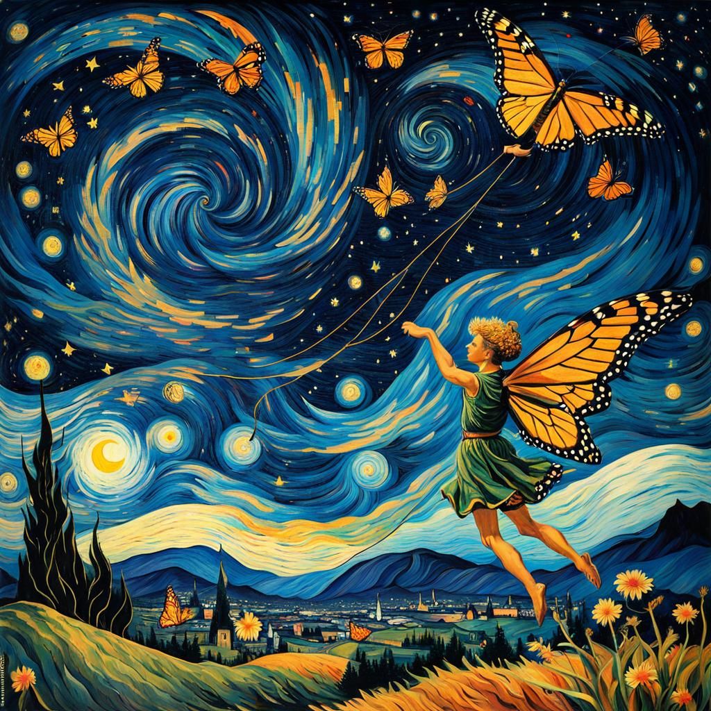 Fairy Flies Kite in Starry Night, Van Gogh Style
