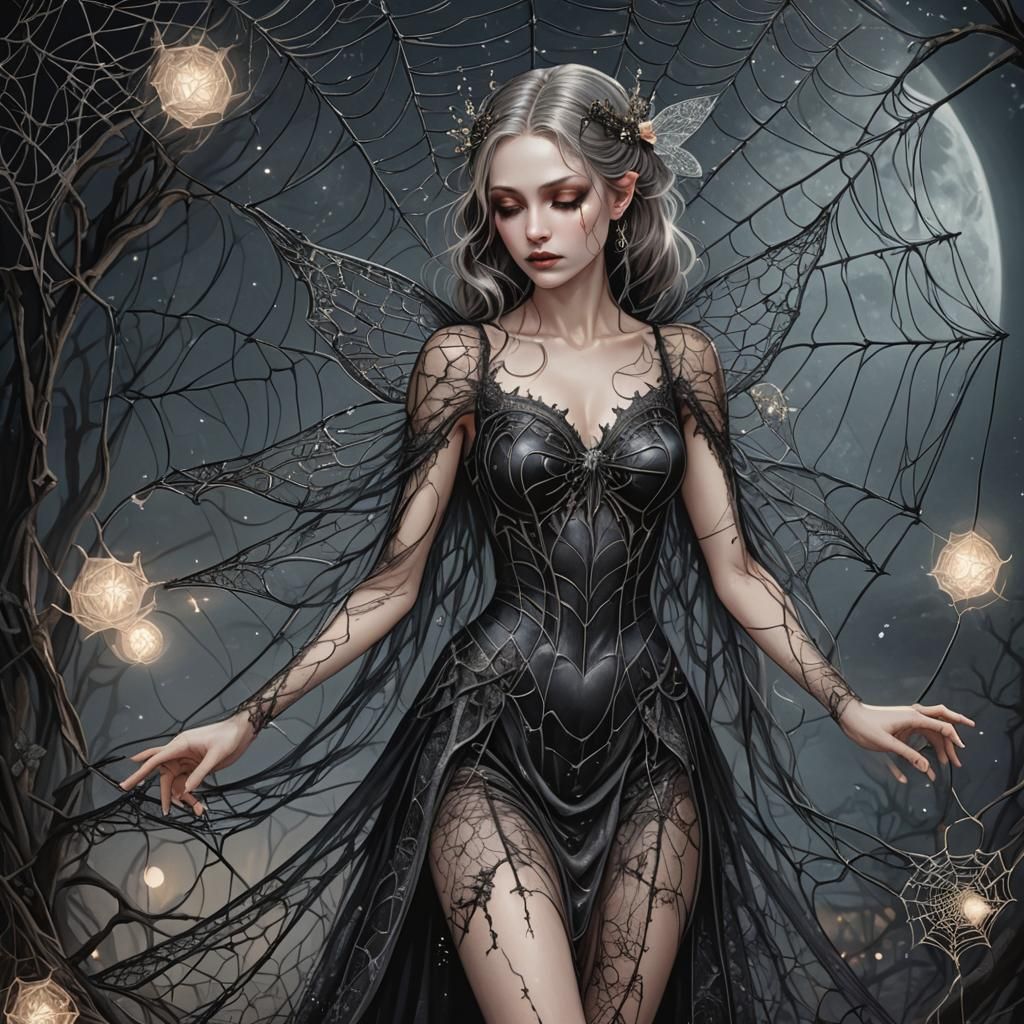 Gothic Fairy with Spiderweb Dress and Wings