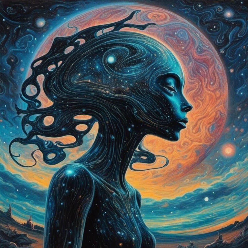 Alien Woman Paints Starry Sky in Holographic Illustration