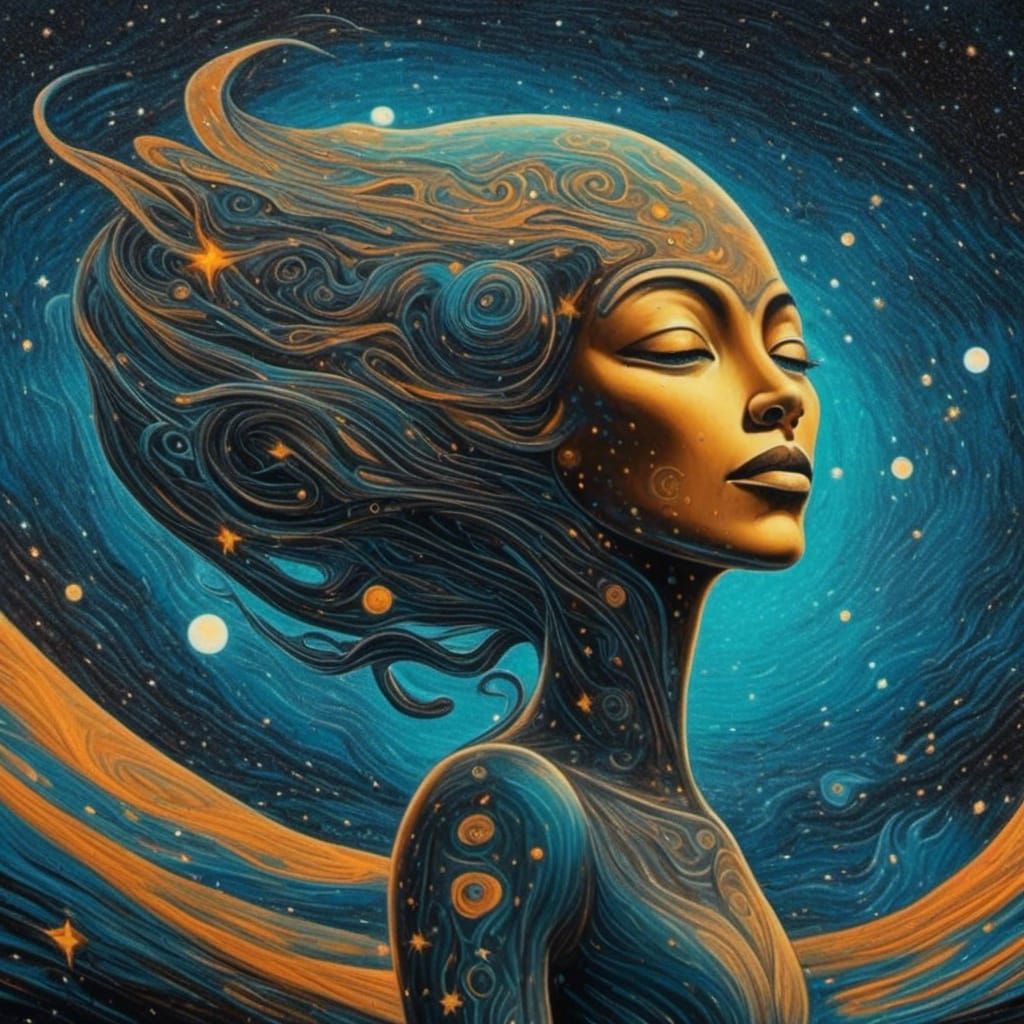 Alien Woman Paints Starry Sky: Holographic Illustration