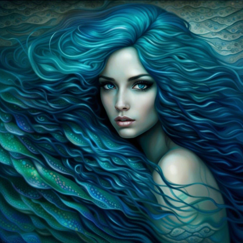 Beautiful Mermaid Portrait with Flowing Hair and Blue Scales