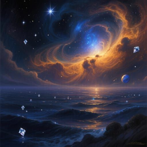 Cosmic Ocean at Night with Amber Nebulae