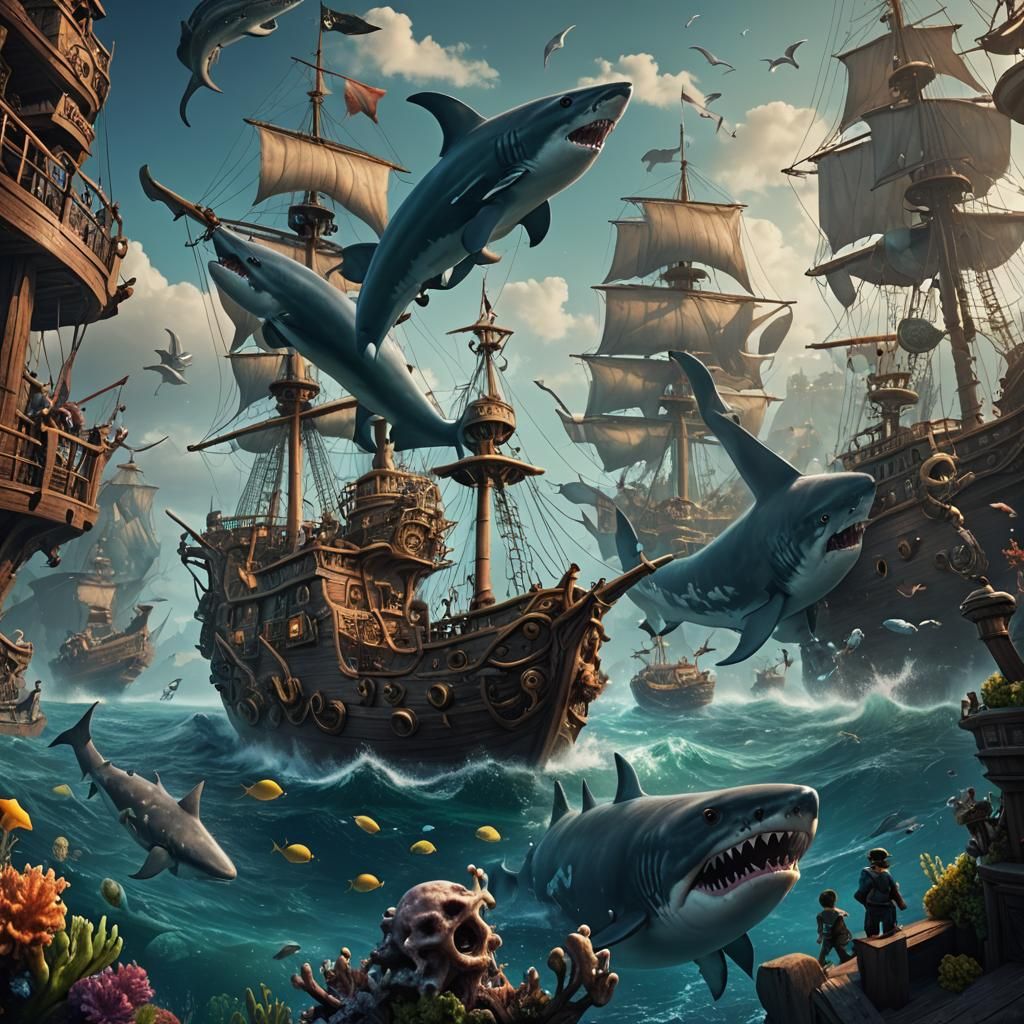 Realistic Undersea Scene with Merman and Pirate Ship