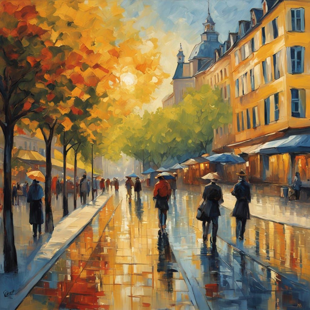 Expressive Dusseldorf Cityscape in Oil on Canvas