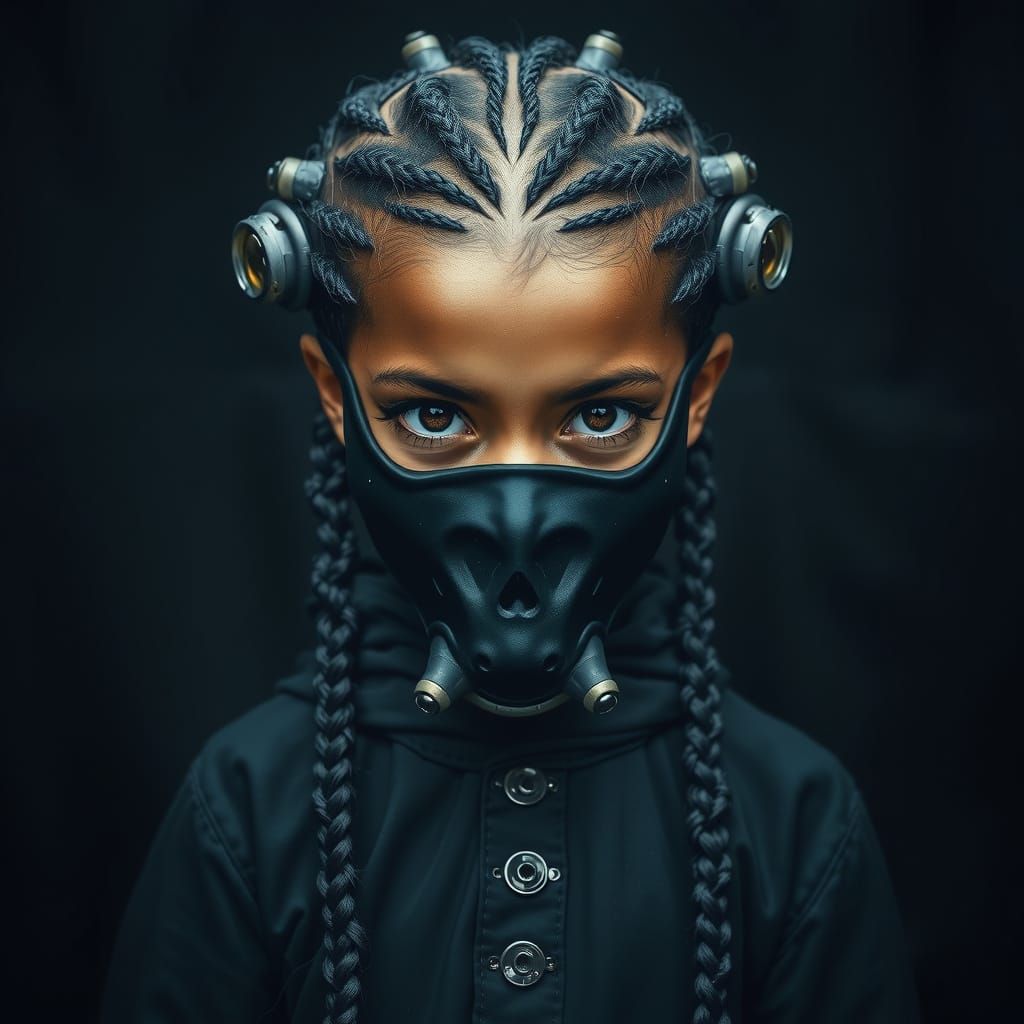 Eerie Girl in Black Mask with Optical Implants