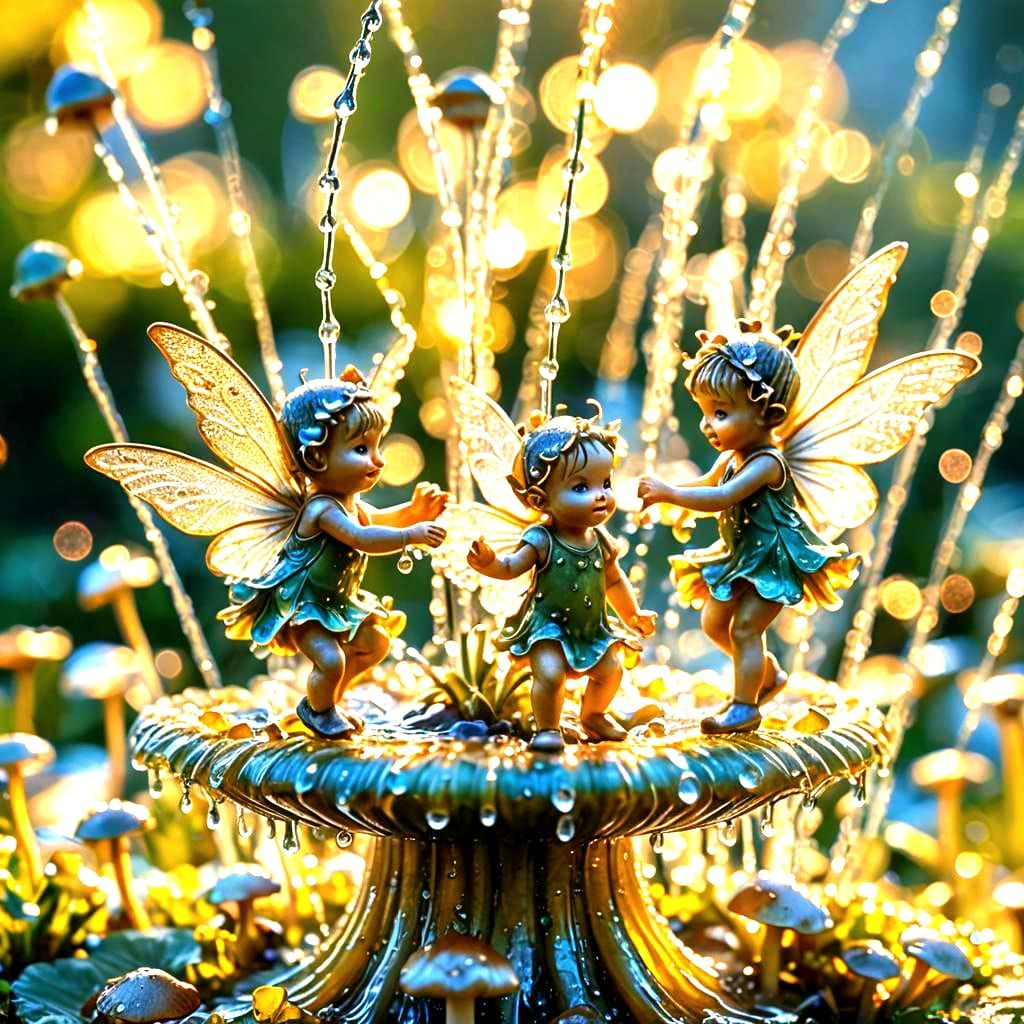 Macro Photograph of Baby Fairies Dancing on Fountain