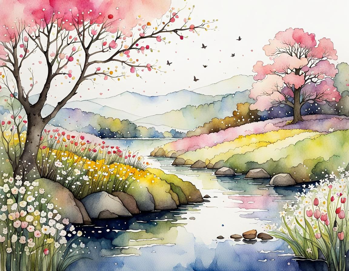 Whimsical Spring Floral Scene in Watercolour Style