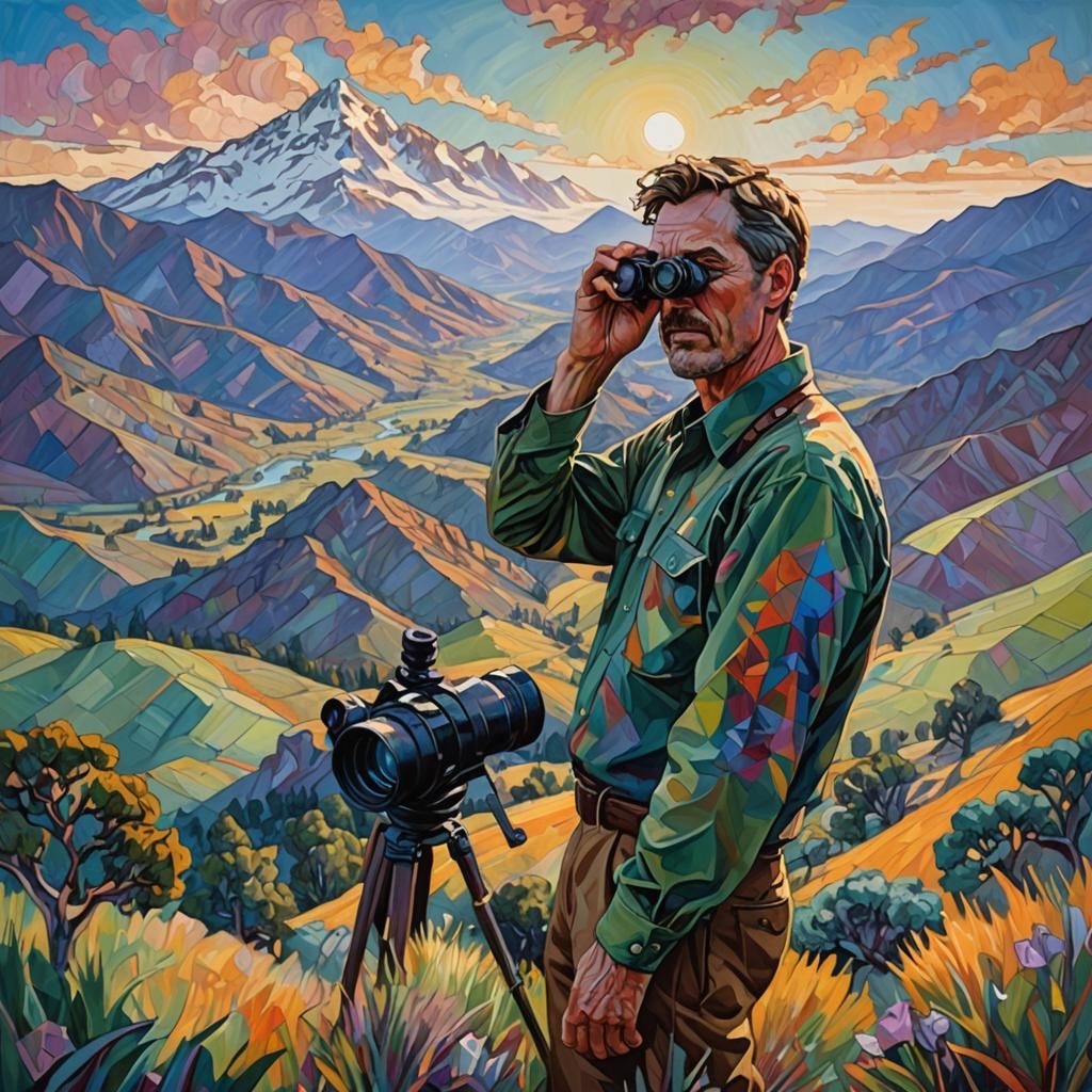 A portrait of a man who holds a
binoculars in his hand against a landscape with mountains
