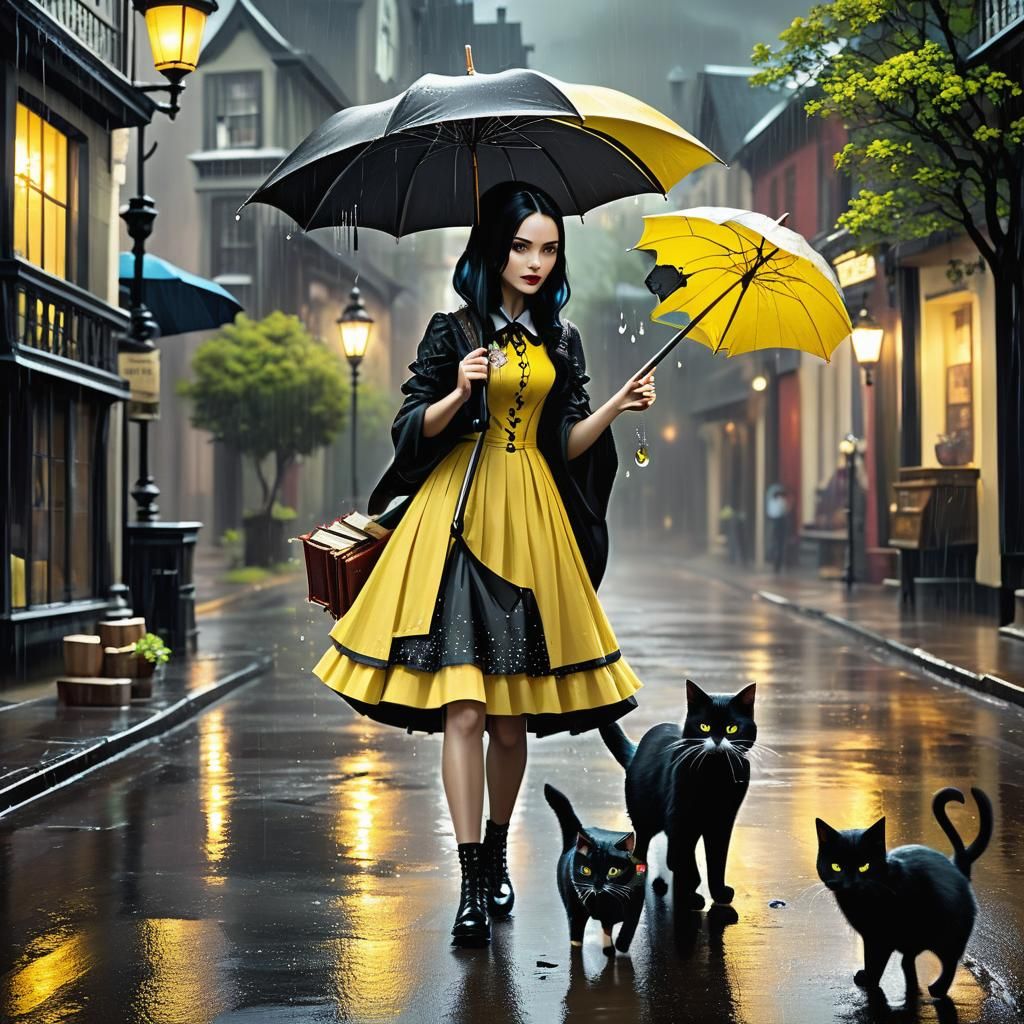 Whimsical Wednesday Addams Fantasy Art: Rainy Day