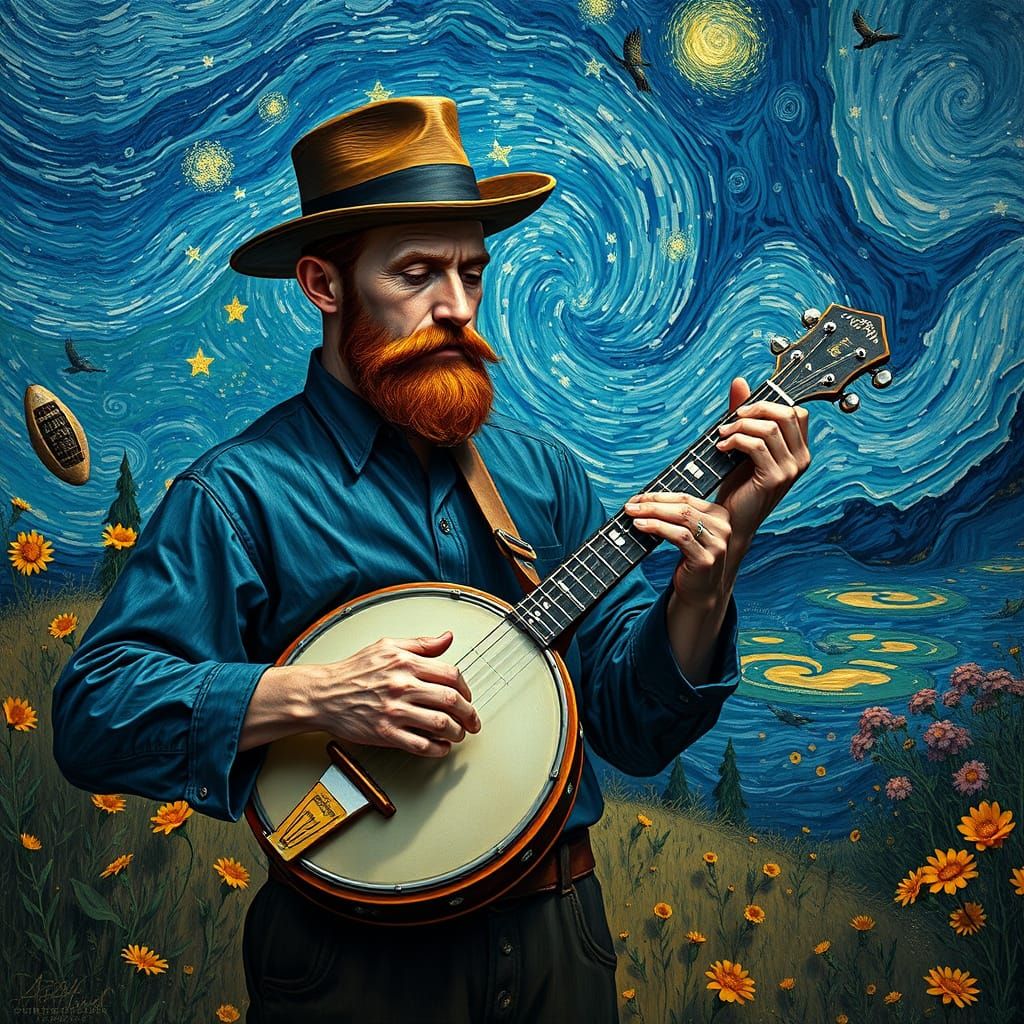 Van Gogh-Inspired Banjo Player in Vibrant Fantasy Landscapes