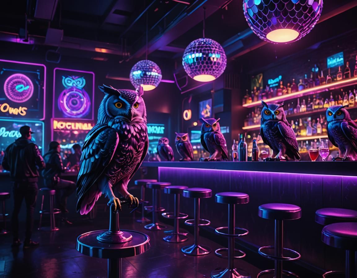 Owls Enjoying a Nightclub in a Neon Cityscape