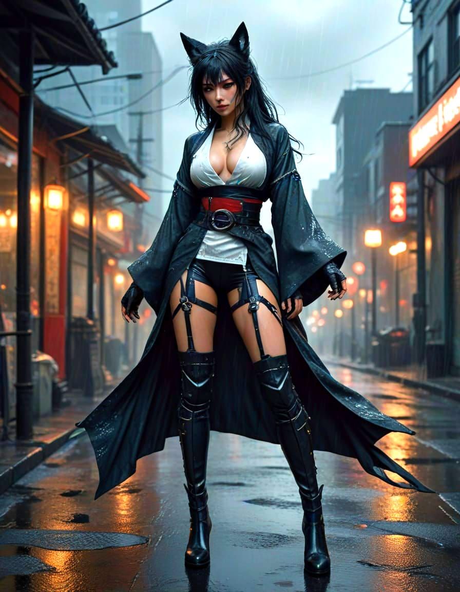 Cyberpunk Goddess Emerges from Tokyo Rain