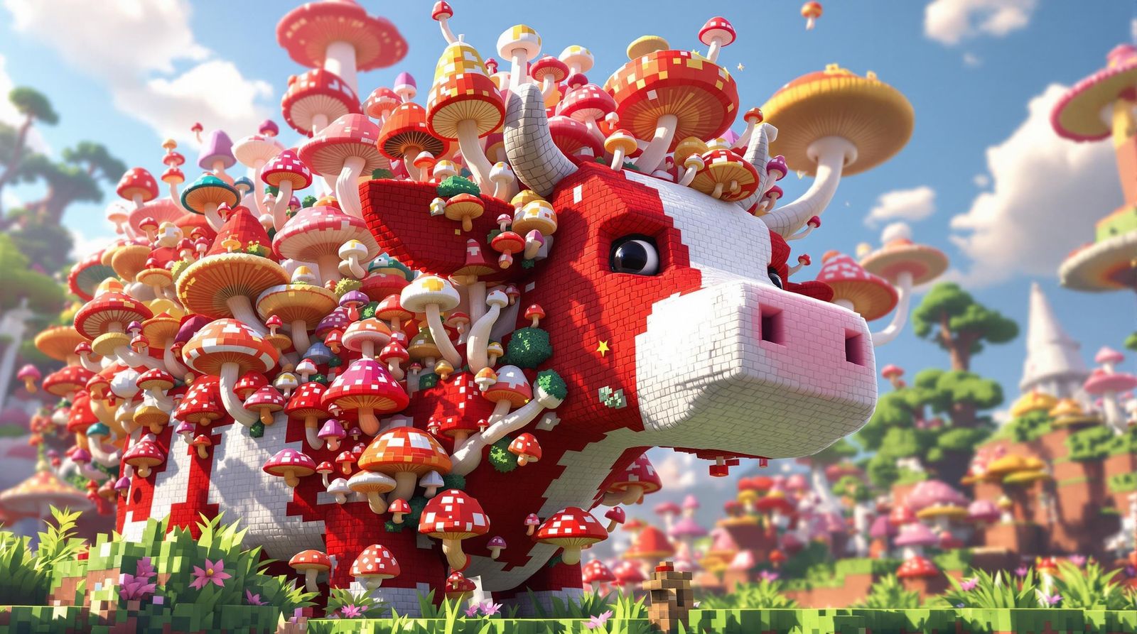 Blocky Red and White Minecraft Cow with Vibrant Mushrooms