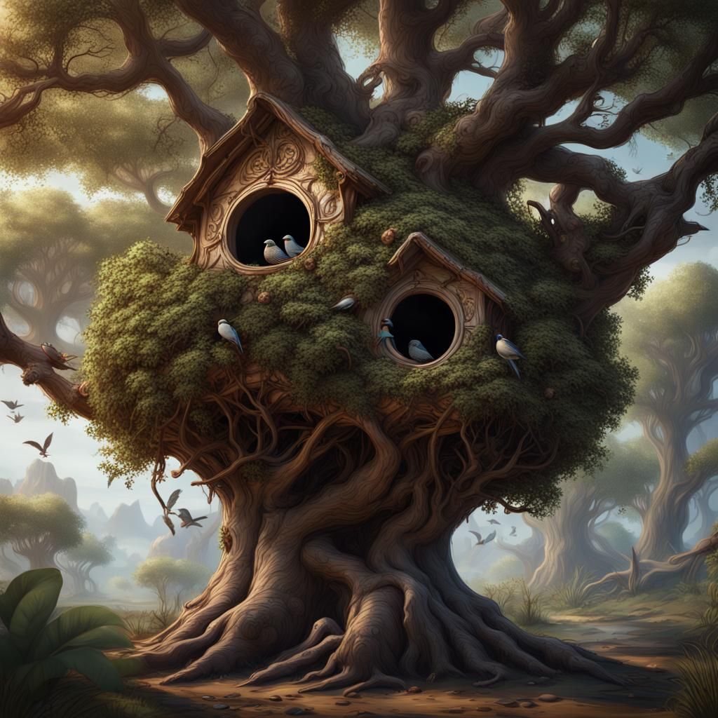 Tree with Bird Nests: Detailed Fantasy Art