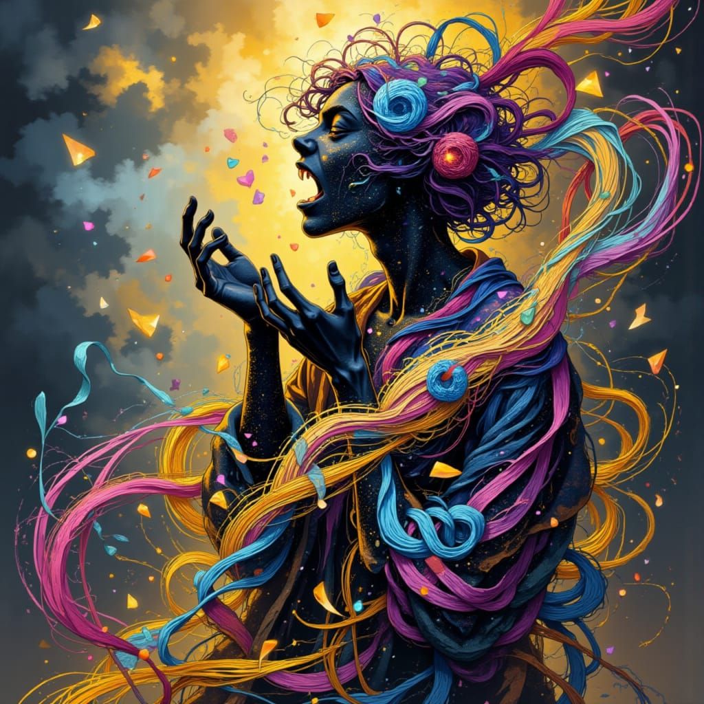 Yarn monster knitting a sweater, pop surrealism <lora:Ink Evermore:1.0>