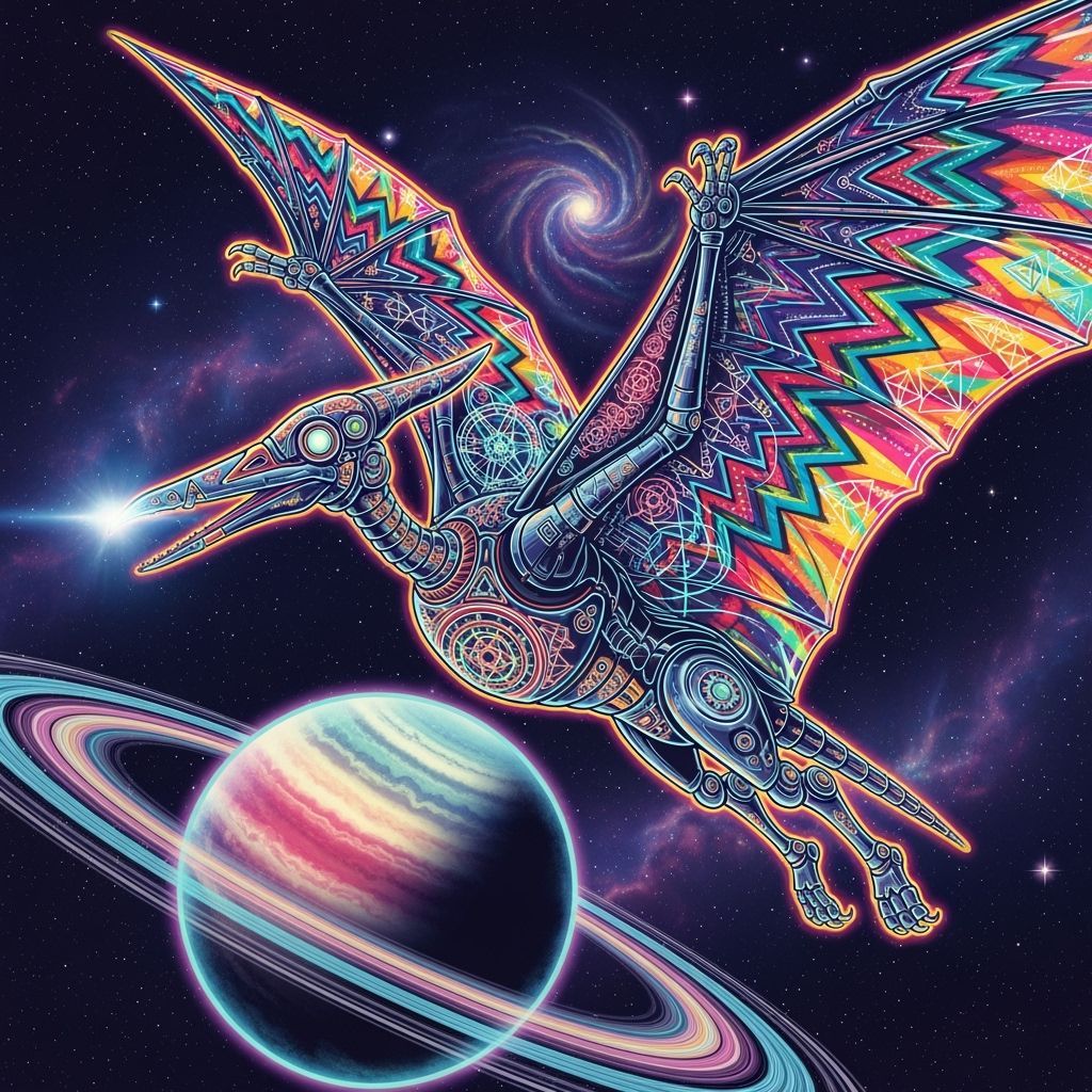 Steampunk Robot Pterodactyl Soaring Through Space