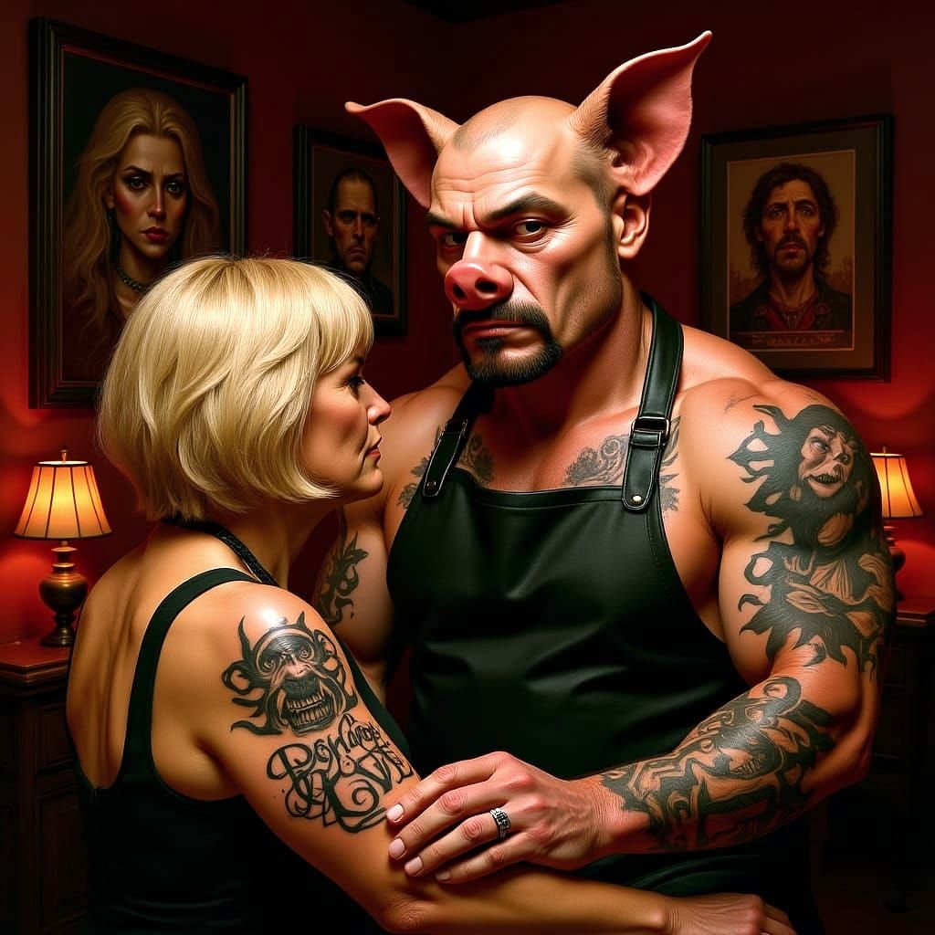 Anthropomorphic Pig Tattooist in Hyperrealistic Oil Painting