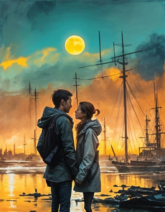 Romantic Sunset Embrace in Melancholy Style