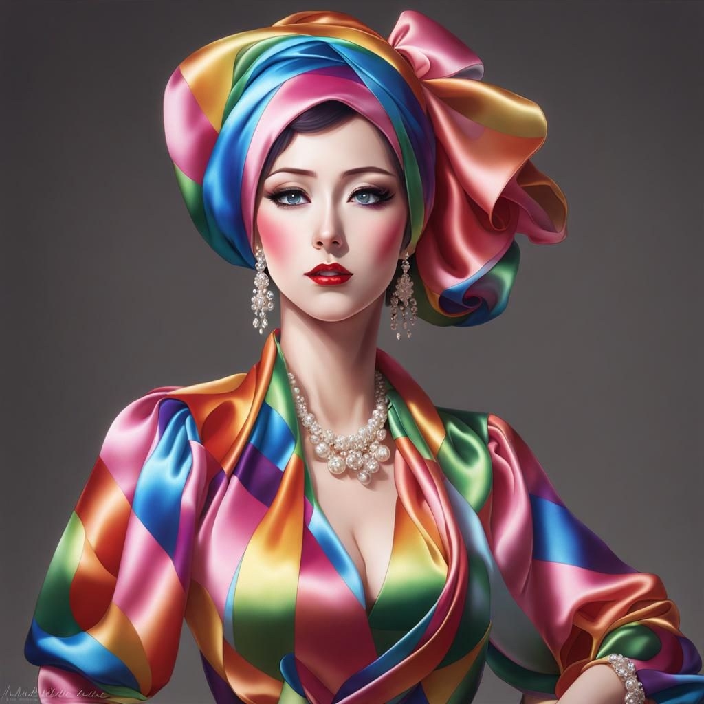 Rainbow Polkadot Satin Anime Lady: Photo Realistic