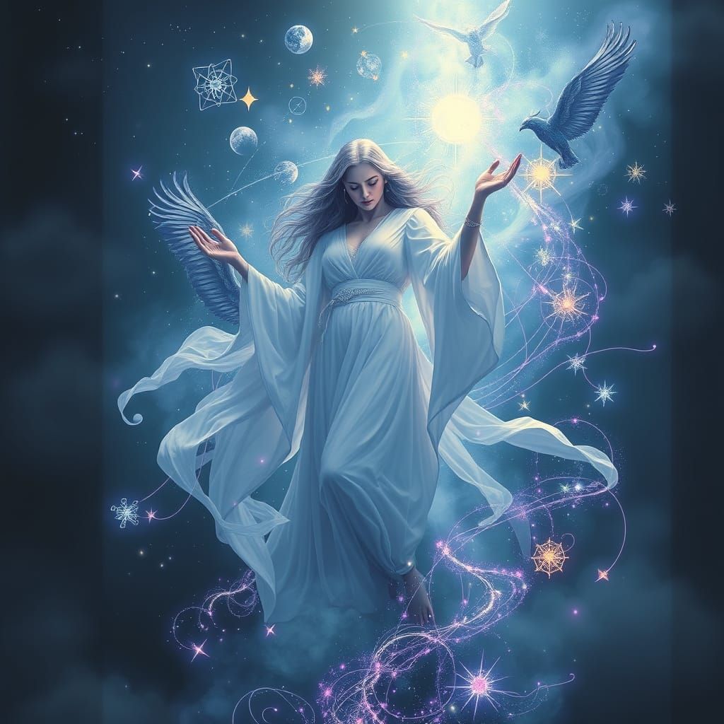 Ethereal Woman Dissolving into Stars and Mist