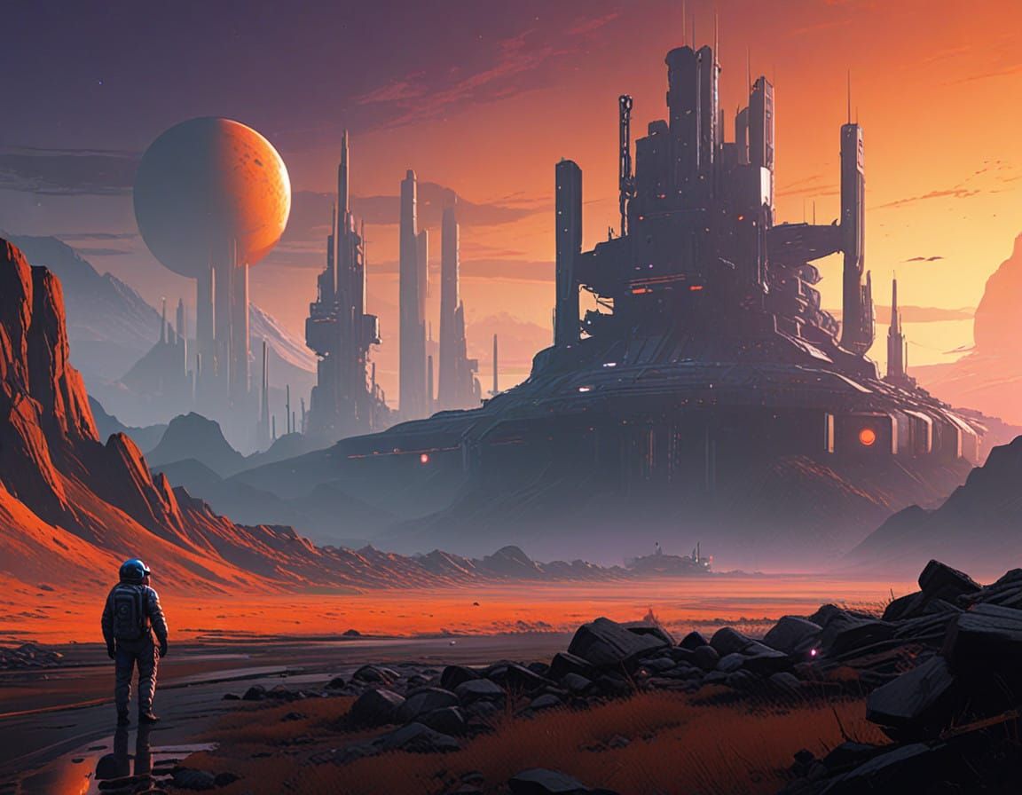 Heroic Astronaut Stands on Distant Planet's Futuristic Surfa...