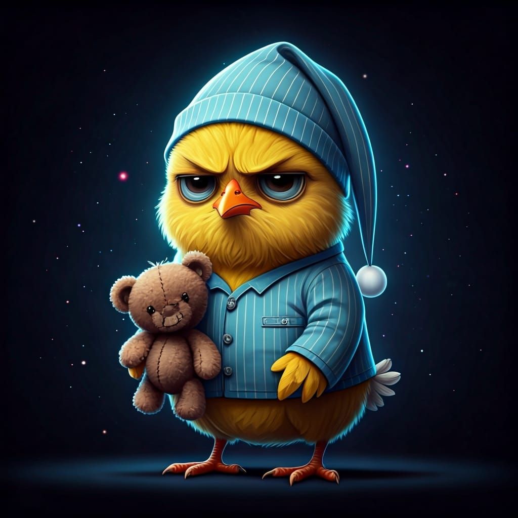 Grumpy Chick with Teddy Bear: Holographic Illustration