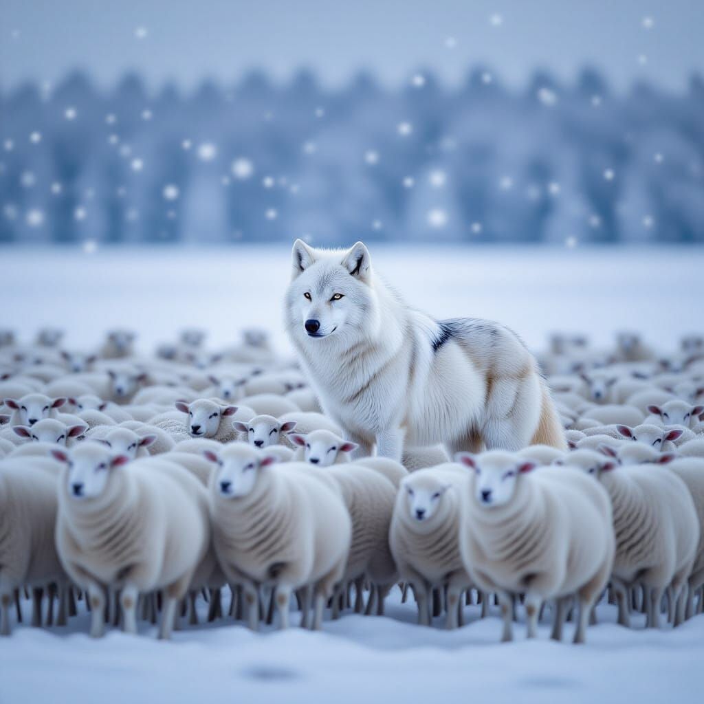 Majestic White Wolf Guards Sheep in Snowy Field
